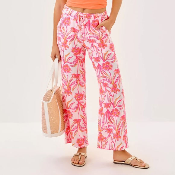 Lilly Pulitzer 27" Brawley Linen Crop Pant, lovely long stems sz XL - Picture 1 of 1